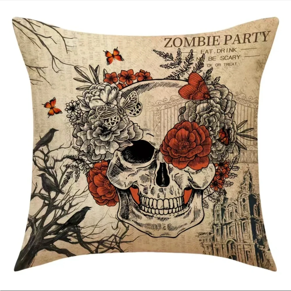 4pcs Vintage Halloween Throw Pillow Covers For Black Cat/Crow/Pumpkin/Skull Thro